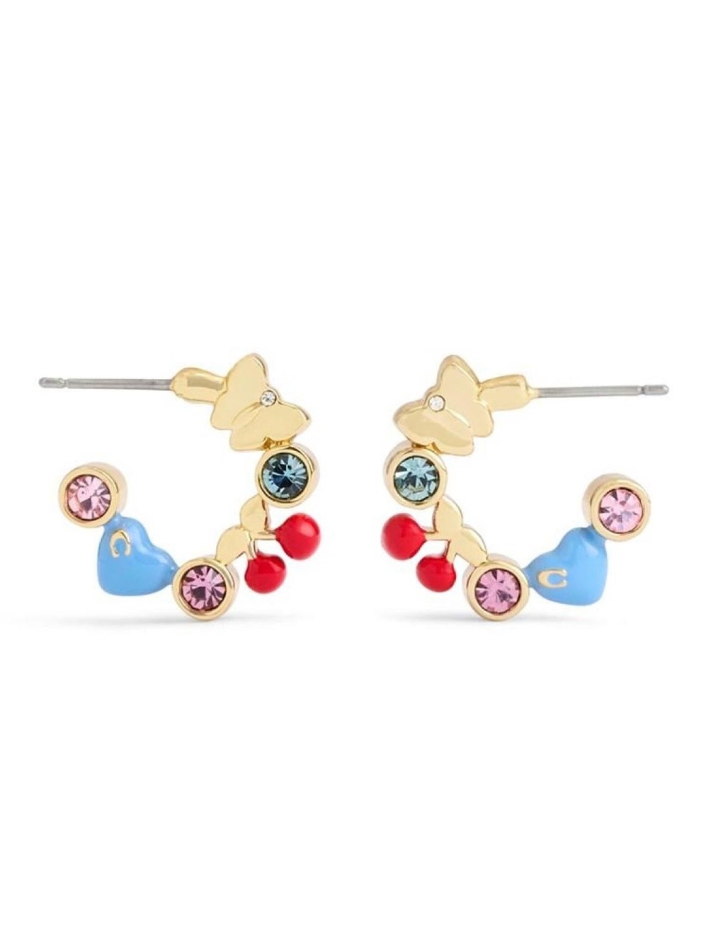 Coach Gold Butterfly Hoop Earrings with Blue Enamel, Pink & Red Accents
